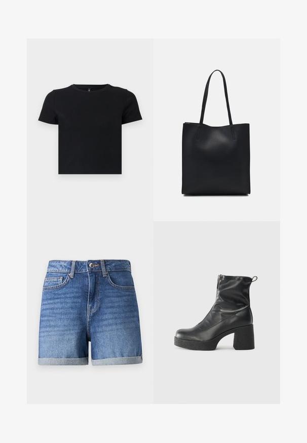 Melnas īsām piedurknēm T-krekls, kas izgatavots no mīkstas kokvilnas. Ievietota apaļa kakla izgriezums un pieguļošs dizains. Gluda tekstūra bez rakstiem vai akcensiem.; Izbalēšu zilu džinsu šorti ar sarullētu malu. Iekļauj rāvējslēdzēju, priekšējās kabatas un niansētu tekstūru. Pogas aizdare jostasvietā.; Melni potītes zābaki, kas izgatavoti no gludas ādas, ar sānu rāvējslēdzēju, masīvu strukturētu papēdi un noapaļotu purngalu.; Melnas ādas somiņa ar gludu tekstūru, taisnstūra formu un divām garām rokturiem. Nav redzamu aparatūras vai rotājumu.