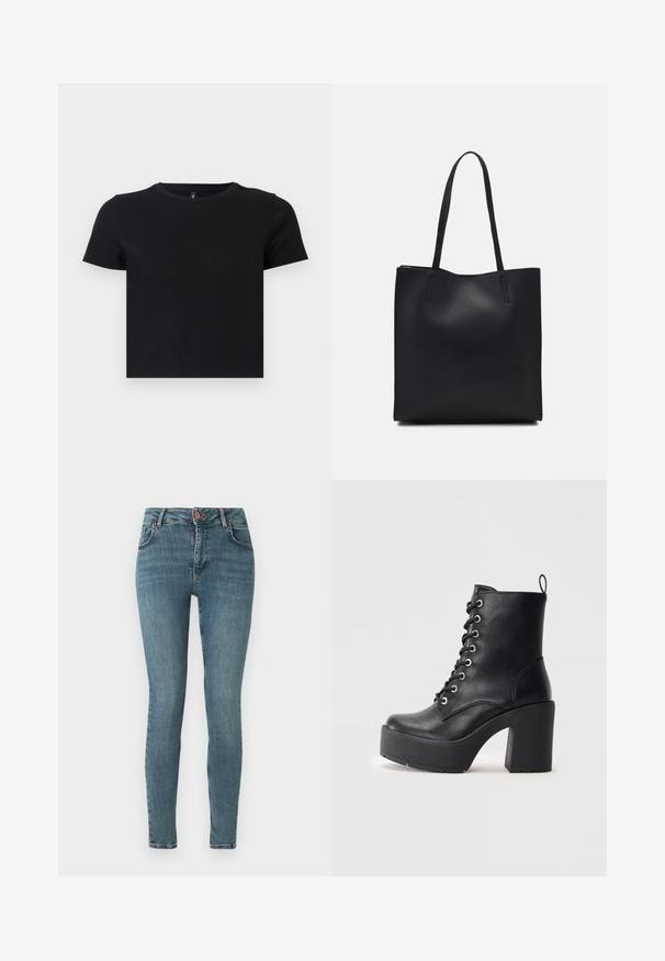 Crna majica s kratkim rukavima napravljena od mekanog pamuka. Ima okrugli izrez i pripijen kroj. Glatka tekstura bez uzoraka ili naglasaka.; Mršave traperice u srednjoj plavoj boji. Imaju klasičan dizajn s pet džepova, prednje zatvaranje na dugme i suptilno izbjeljivanje. Glatka tekstura.; Crne kožne gležnjače s masivnom blok petom, vezanjem sprijeda i teksturiranom površinom. Imaju uzicu straga za lakše oblačenje.; Crna kožna torba za nošenje s glatkom teksturom, pravokutnim oblikom i dvije duge ručke. Nema vidljivih metalnih dijelova ili ukrasa.