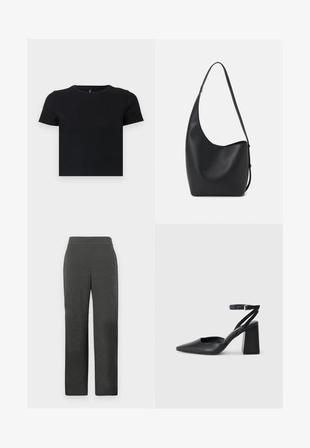 Črna majica s kratkimi rokavi, izdelana iz mehke bombažne tkanine. Ima okroglo ovratnico in oprijet kroj. Gladka tekstura brez vzorcev ali dodatkov.; Temno sivi hlače ravne noge s prilegajočim pasom in stranskimi žepi, prikazane na enostavni svetli podlagi.; Črne usnjene klasične čevlje z ostrim nosom, z zaponko za gleženj in debelim peto. Ravna tekstura, eleganten dizajn in minimalistična estetika.; Črna usnjena hobo torba z gladko teksturo, ukrivljeno obliko in eno nastavljivo naramnico; ima širok odprtina na vrhu.