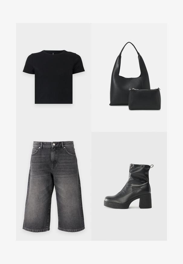 Black short-sleeve t-shirt made from soft cotton. Features a round neckline and a fitted design. Smooth texture without patterns or accents.; Black denim shorts, loose fit with a mid-rise waist. Features five pockets, a metal button closure, and faded texture for a worn appearance.; Black ankle boots made of smooth leather, featuring a side zipper, chunky textured heel, and rounded toe design.; Even&Odd Handbag - black