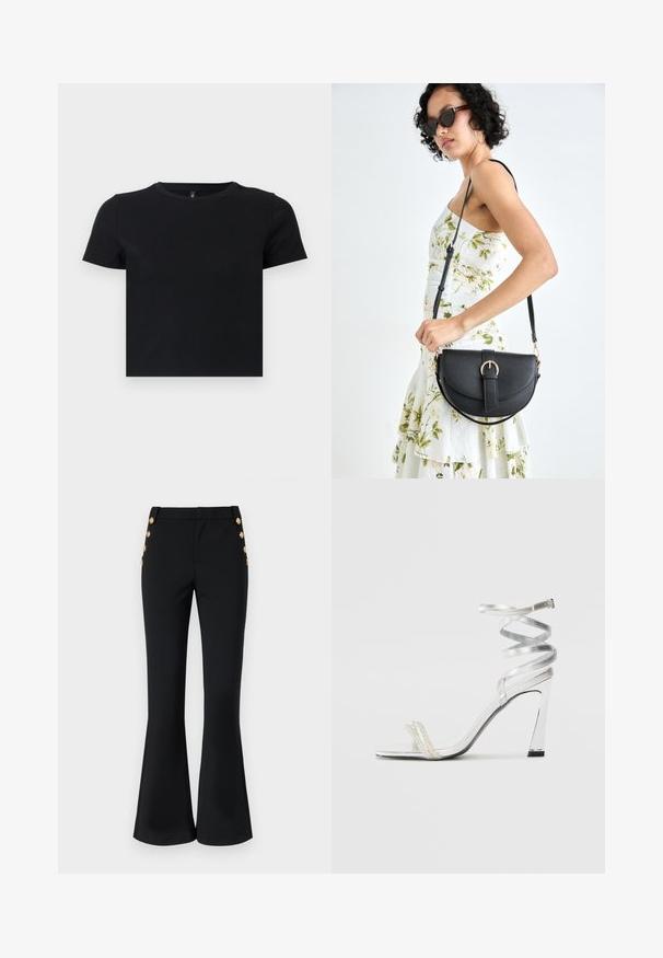 Melnas īsām piedurknēm T-krekls, kas izgatavots no mīkstas kokvilnas. Ievietota apaļa kakla izgriezums un pieguļošs dizains. Gluda tekstūra bez rakstiem vai akcensiem.; Melnas flared bikses no elastīga auduma, ar plakanu priekšpusi, sānu kabatām un dekoratīvām zelta pogām gar gurniem.; Sudrabaini augstpapēžu sūna ar spīdīgu siksnu dizainu, kurā ir pērlēm līdzīgs akcents un spirālveida potītes siksna drošai pieguvei.; Melnas ādas rokassoma ar izliekta formu, noņemamu siksnu un zelta aksesuāriem. Somai ir vāciņš ar sprādzes detaļu.