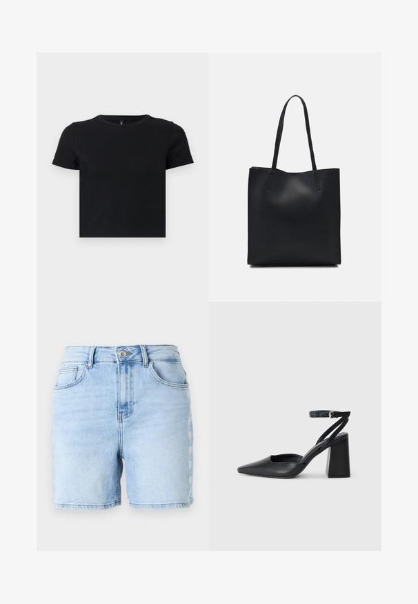 Must musta särk lühikeste varrukatega, valmistatud pehmest puuvillast. Omab ümarat kaelust ja kergelt liibuvat disaini. Sile tekstuur ilma mustrite või aksessuaarideta.; Heledad sinised denimpüksid kõrgema vöökoha, õmbluseta serva, viie tasku ja dekoratiivse külje õmblusmustriga. Valmistatud puuvillakangast.; Mustmustest must-käigukingad, millel on konksuga nöör ja paks konts. Ühtlane tekstuur, stiilne disain ja minimalistlik esteetika.; Mustast nahast kott sujuva tekstuuriga, ristkülikukujuline ja kahe pika sangaga. Pole nähtavat riistvara ega kaunistusi.