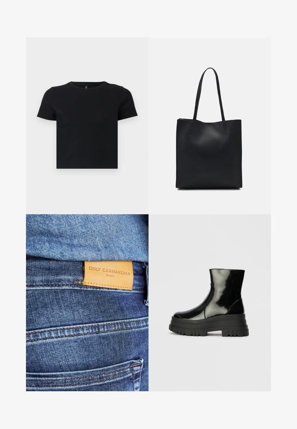 T-shirt preto de manga curta feito de algodão suave. Apresenta um decote redondo e um design ajustado. Textura suave sem padrões ou detalhes.; Jeans de ganga azuis com um rótulo de couro castanho com a inscrição "ONLY CARMKOMA Denim," com costura visível e detalhe de bolso lateral.; Bota de tornozelo preta e brilhante com sola grossa e arredondada, vista lateral sobre fundo cinza claro.; Bolsa tote preta em couro com textura lisa, forma retangular e duas alças longas. Sem hardware ou enfeites visíveis.