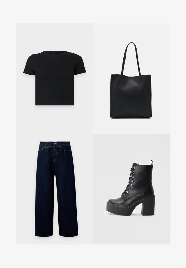 Black short-sleeve t-shirt made from soft cotton. Features a round neckline and a fitted design. Smooth texture without patterns or accents.; Dark blue wide-leg jeans made of denim, featuring a front button closure and a drawstring waist, with contrasting stitching details.; Black leather ankle boot with a chunky block heel, lace-up front, and textured surface. Features a tab on the back for easy wear.; Black leather tote bag with smooth texture, rectangular shape, and two long handles. No visible hardware or embellishments.