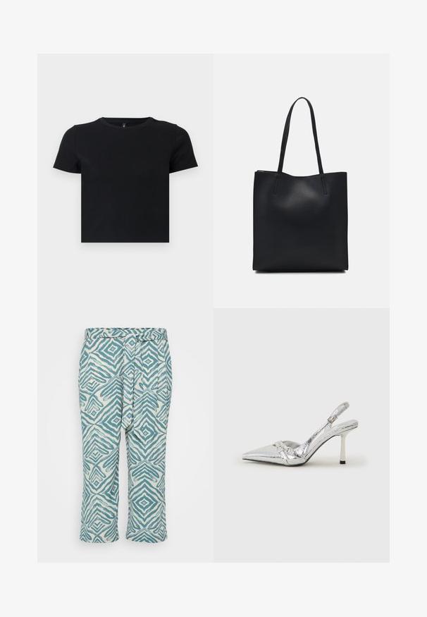 Juoda trumpomis rankovėmis marškinėliai, pagaminti iš švelnios medvilnės. Turi apvalų kaklą ir prigludusį dizainą. Lygi tekstūra be raštų ar akcentų.; Lengvi, trumpi kelnių modeliai su geometriniu mėlynai baltu raštu, turintys susegamą liemenį ir glotnią tekstūrą.; Sidabriniai slingback aukštakulniai batai su smailia pavadinimu, metaliniu paviršiumi, dviem dekoratyvinėmis juostelėmis ir lieknu kulnu su juodu galiuku.; Juodas odinis tote krepšys su lygia tekstūra, stačiakampio formos ir dviem ilgais rankenomis. Matomų metalinių detalių ar puošybos nėra.