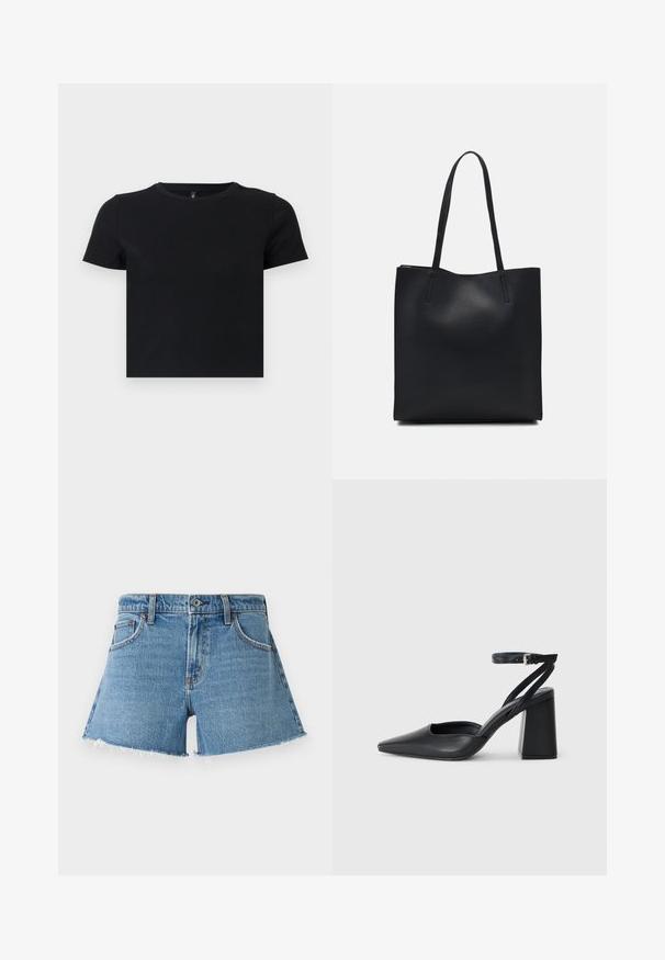 T-shirt preto de manga curta feito de algodão suave. Apresenta um decote redondo e um design ajustado. Textura suave sem padrões ou detalhes.; Calças de ganga de cintura alta em azul claro. Apresentam uma bainha desfiada e cinco bolsos. Design clássico com rebites de cobre e fecho frontal com botão.; Sandal com biqueira afilada em couro preto, com cinta no tornozelo e salto grosso. Textura lisa, design elegante e estética minimalista.; Bolsa tote preta em couro com textura lisa, forma retangular e duas alças longas. Sem hardware ou enfeites visíveis.