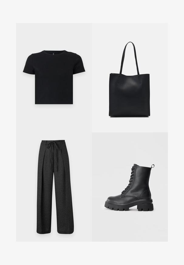 Tricou negru cu mânecă scurtă, fabricat din bumbac moale. Dispune de un guler rotund și un design ajustat. Textură netedă, fără modele sau accente.; Pantaloni cu picioare largi dintr-un material gri închis, având un buzunar pliat în față și o închidere la talie cu fundă. Textură moale, design minimalist.; Botine din piele neagră, cu șireturi, având un toc masiv, vârf rotund și un finisaj texturat. Dispune de ochiuri metalice și o mică buclă pe spate.; Geantă tote neagră din piele, cu textură netedă, formă rectangulară și două mânere lungi. Fără hardware vizibil sau ornamente.