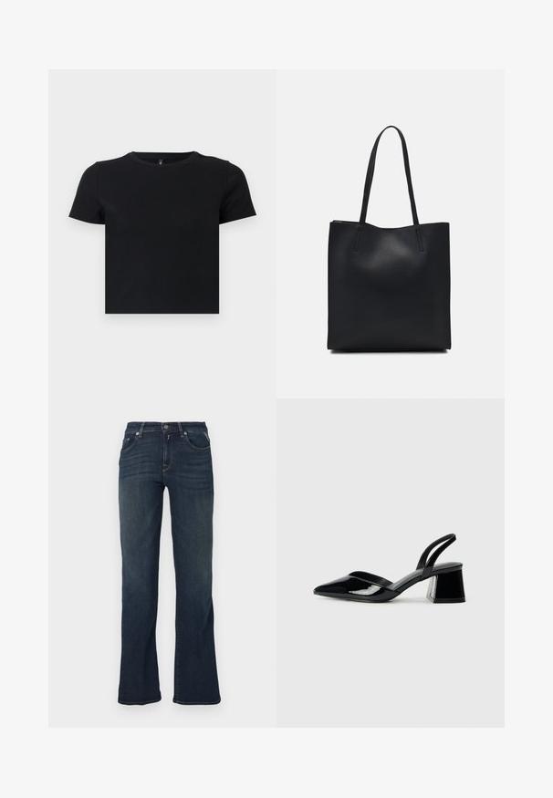 T-shirt preto de manga curta feito de algodão suave. Apresenta um decote redondo e um design ajustado. Textura suave sem padrões ou detalhes.; Jeans de denim azul escuro com um design de perna larga, apresentando cinco bolsos e detalhes de costura contrastantes. Textura suave e cintura padrão.; Sandy em verniz preto com salto slingback, ponta afilada e salto geométrico. Apresenta um design elegante e minimalista com textura suave.; Bolsa tote preta em couro com textura lisa, forma retangular e duas alças longas. Sem hardware ou enfeites visíveis.