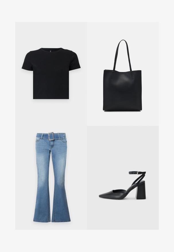 T-shirt nera a maniche corte realizzata in cotone morbido. Presenta un collo rotondo e un design aderente. Texture liscia senza motivi o dettagli.; Jeans a zampa d'elefante di un blu chiaro realizzati in denim, con una larga passante per cintura e una grande fibbia quadrata in argento. La texture sbiadita vicino all'orlo aggiunge un tocco di design.; Pump in pelle nera con punta affusolata, cinturino alla caviglia e tacco spesso. Texture piatta, design elegante ed estetica minimalista.; Borsa tote in pelle nera con texture liscia, forma rettangolare e due manici lunghi. Nessun hardware o decorazione visibile.