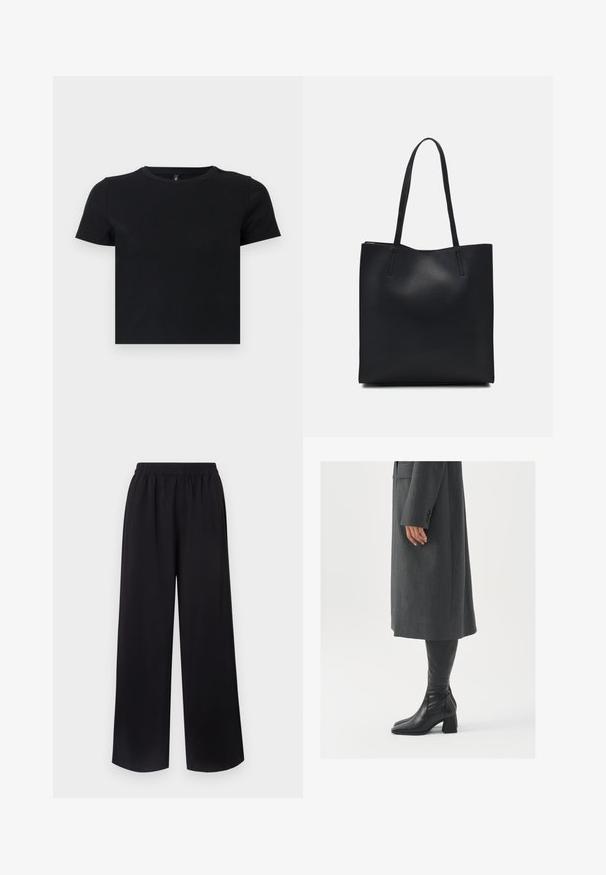 Juoda trumpomis rankovėmis marškinėliai, pagaminti iš švelnios medvilnės. Turi apvalų kaklą ir prigludusį dizainą. Lygi tekstūra be raštų ar akcentų.; Juodos plačios kelnės su elastingu juosmeniu, pagamintos iš glotnaus, lengvo audinio. Turi plazdančią išvaizdą be matomų raštų.; Pilkas pritaikytas paltas su tiesiu kirpimu; derinamas su juodais odiniais batais iki kelių, turinčiais kvadratinį pirštą ir storą kulną.; Juodas odinis tote krepšys su lygia tekstūra, stačiakampio formos ir dviem ilgais rankenomis. Matomų metalinių detalių ar puošybos nėra.