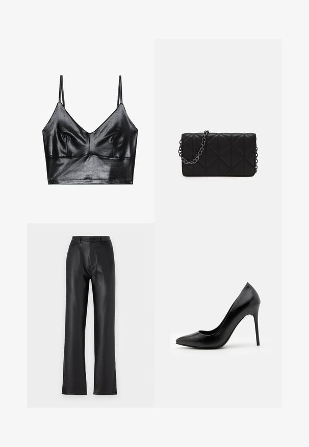 Crni, sjajni bralette s tankim podešavajućim trakama, s V-izrezom, glatkom teksturom i suptilnim nakupljanjem na grudima za oblik.; Crne hlače od umjetne kože s ravnim krojem, s prednjim džepovima, bočnim patentnim zatvaračem i kopčanjem na gumb. Glatka tekstura.; Crne kožne štikle s visokom potpeticom, šiljastim prstom i glatkom teksturom. Imaju usku špicastu potpeticu i niskog kroja dizajn vampirine.; Pamučni crni ručni torba s glatkim kožnim završetkom, s lančanim remenom i geometrijskim dijamantnim uzorcima na površini.
