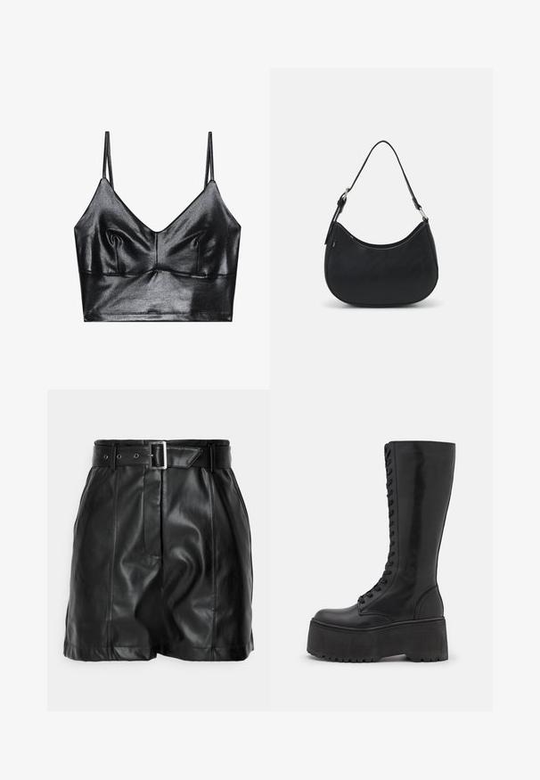 Čierny, lesklý bralet s tenkými nastaviteľnými ramienkami, s V-výstrihom, hladkou textúrou a jemným zberom na hrudi pre lepší tvar.; Čierne kožené šortky s hladkým povrchom, vysokým pásom a širokým opaskom s obdĺžnikovou striebornou sponou. Na prednej strane sú skladané.; Zign LEATHER - Čižmy na šnurovanie - black; Čierna taška hobo vyrobená z hladkej kože s prehnutým siluetou, s jedným nastaviteľným popruhom a minimalistickými dizajnovými detailmi.