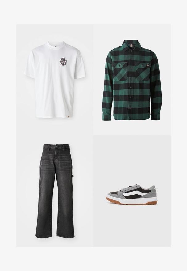Bijela pamučna majica s okruglim logotipom na prsima. Okrugli izrez, kratki rukavi, opušteni kroj, s crvenim i crnim akcentima.; Zelena i crna karirana flanel košulja s dugim rukavima, prednjim kopčanjem na gumbe, dva džepa na prsima i klasičnim okovratnikom. Mekana tekstura, svestran dizajn.; Široke crne traperice izrađene od mekanog pamuka s izblijedjelim završetkom. Imaju prednje kopčanje na dugme i bočne džepove.; Sivi i crni nubuk sportski cipele s bijelim detaljima i gumiranim potplatima, s okruglim vrhom i vezanjem.