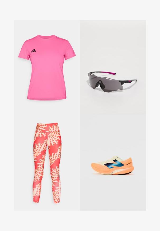 Roza športna majica iz lahkega materiala. Ima kratke rokave, okroglo ovratnico in črno trojno črto logo na levem rami.; Visoko pasovi leggingi iz rdeče tkanine, ki imajo geometrijski listni vzorec v rumeni in roza barvi. Vključujejo bele stranske črte.; Tekšča za tek z lahkotnim kremnim zgornjim delom, modrim logotipom in oranžnimi poudarki na podplatu. Mrežasta tekstura za zračnost.; Športne sončna očala s sijočim črnim okvirjem, vijoličastimi detajli in temnimi lečami. Imajo obliko, ki se ovija okoli obraza, ter prezračevalne reže.