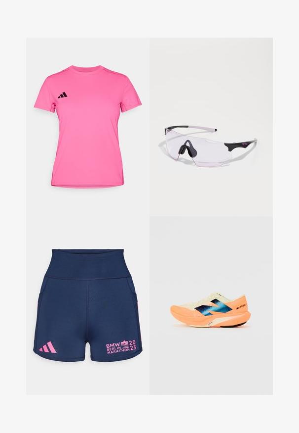 Roze sport t-shirt gemaakt van lichtgewicht stof. Heeft korte mouwen, een ronde hals en een zwart logo met drie strepen op de linkerschouder.; adidas Performance BER25 SHORT THIGHTS - Korte hardlooplegging - collegiate navy; Hardloopschoen met een lichtgewicht crèmekleurige bovenkant, blauwe branding en oranje accenten op de zool. Mesh textuur voor ademend vermogen.; Sportzonnebril met een duurzame zwart-roze uitstraling, voorzien van een frameloos ontwerp en heldere, licht getinte lenzen. Inclusief rubberen accenten.