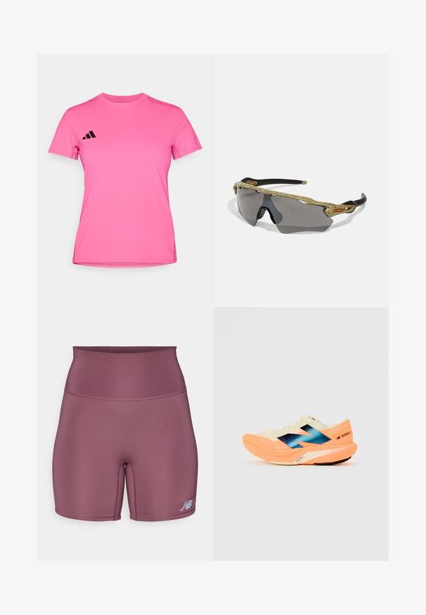 Camiseta deportiva rosa hecha de tela ligera. Presenta mangas cortas, un cuello redondo y un logo negro de tres rayas en el hombro izquierdo.; Shorts deportivos de cintura alta en morado apagado, que cuentan con una tela suave y elástica y un pequeño logo en la parte inferior de la pierna izquierda.; Zapatilla de running con un upper ligero en color crema, branding azul y acentos naranjas en la suela. Textura de malla para mayor transpirabilidad.; Gafas de sol deportivas con un marco de patrón verde, brazos negros y lentes grises. El diseño cuenta con un estilo envolvente con una forma atrevida y deportiva.