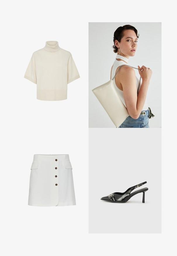 Pull à col roulé en crème, manches courtes, poignets et ourlet côtelés, tissu à maille douce, coupe ample, design minimaliste sans motifs visibles.; Jupe blanche avec six boutons marron sur le devant, deux poches latérales et un design légèrement évasé. Tissu lisse avec une texture minimale.; Chaussure slingback en cuir verni noir avec un embout pointu, des brides de cheville avec des boucles en argent et des éléments en métal, et un talon fin.; Pochette rectangulaire blanche en matériau brillant, avec une bandoulière en chaîne argentée. Le modèle pose en mettant en valeur le sac contre un fond uni.