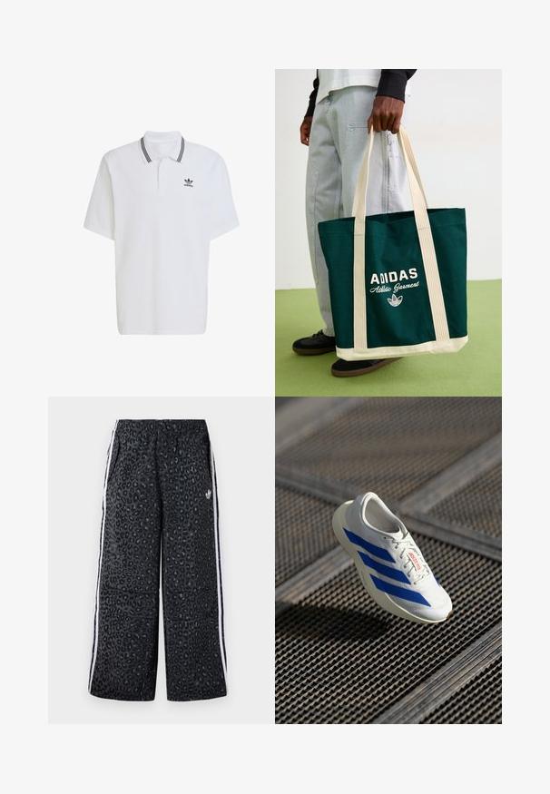 Hvid polo shirt lavet af bomuld, med en ribbet krave med sorte striber og et lille sort logo på venstre bryst. Korte ærmer.; adidas Originals GRAPHIC UNISEX - Træningsbukser - black; Hvid atletisk sko med blå striber, letvægtsdesign, mesh-overdel, snørelukning og tekstureret gummisål, svævende over en gitteroverflade.; Person holder en mørkegrøn Adidas tote bag med beige stropper og bund, iført lyse jeans og sorte sko på grønne gulv.