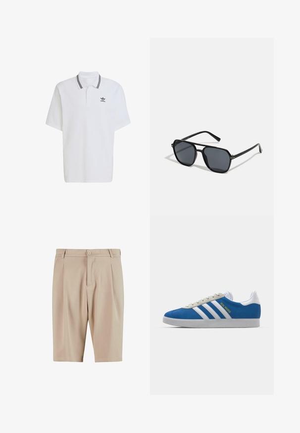 Weißes Polohemd aus Baumwolle mit einem gerippten Kragen in Schwarz und einem kleinen schwarzen Logo auf der linken Brust. Kurze Ärmel.; Beige maßgeschneiderte Shorts mit Falten, ausgestattet mit einem Knopfverschluss und klassischem Design. Glatte Textur, knielanger Schnitt und keine sichtbaren Taschen.; adidas Originals ADIDAS GAZELLE SHOES - Indoor-Fußballschuhe - real madrid/bluebird/footwear white/crew yellow; Schwarze Sonnenbrille mit achteckigem Rahmen, dunklen Gläsern, glänzender Oberfläche, dünnen Bügeln und goldenen Akzenten auf der Vorderseite.