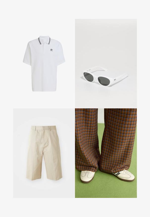 Polo blanc en coton, avec un col côtelé à rayures noires et un petit logo noir sur la poitrine à gauche. Manches courtes.; Shorts beiges ajustés avec une coupe droite, dotés de passants de ceinture, d'un devant plissé et d'une texture en coton lisse. Sans poches ni détails supplémentaires.; Un pantalon large à carreaux marron et bleu associé à des chaussures blanches avec des accents noirs et des semelles texturées, le tout sur fond vert.; Lunettes de soleil blanches avec des montures arrondies et des verres foncés. Possède une texture en plastique lisse et un petit logo sur la branche.
