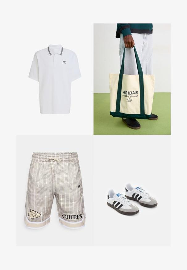 Camisa polo branca feita de algodão, com um colarinho canelado com riscas pretas e um pequeno logotipo preto no lado esquerdo do peito. Mangas curtas.; Calções de malha bege com riscas verticais brancas, cintura elástica, cordão ajustável e impressão preta de "CHIEFS" e logótipo na perna esquerda.; Ténis desportivos com um cabedal em pele branca, biqueira em camurça cinza e três riscas pretas. Apresenta um logo azul na língua e uma sola de borracha texturizada.; Pessoa segurando uma mala tote bege da Adidas com alças verde-escuras, vestindo calças cinzentas claras e ténis pretos em um piso verde.