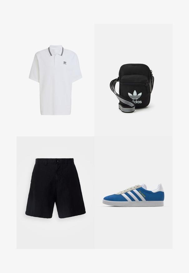 Biała koszulka polo wykonana z bawełny, z żebrowanym kołnierzykiem z czarnymi paskami i małym czarnym logo po lewej stronie na piersi. Krótkie rękawy.; Czarne szorty wykonane z lekkiego materiału, w luźnym fasonie, z zapięciem na guzik, paskiem i kieszeniami bocznymi.; adidas Originals GAZELLE niebieski; Czarna torba crossbody wykonana z materiału, z zamknięciem na zamek błyskawiczny, z białym logo Adidas oraz regulowanym paskiem w paski, co ułatwia noszenie.