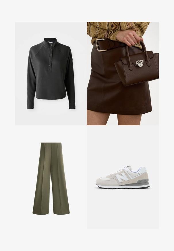 Musta waffle-kudottu pitkähihainen neulepaita, jossa on korkea kaulus ja viisi nepparia etupuolella, esitetty valkoista taustaa vasten.; Oliivinvihreät leveät housut, jotka on valmistettu pehmeästä materiaalista, jossa on pystysuuntaiset saumat. Mukana korkea vyötärö ja siistit reunat varmistamaan viimeistellyn ilmeen.; Vaaleat beige-tossut, joissa on yhdistelmä mokkaa ja verkkomateriaaleja. Suunnittelu sisältää näkyvän valkoisen logon ja harmaita yksityiskohtia. Kumia oleva pohja.; Ruskea nahkainen käsilaukku, jossa on teksturoitu pinta ja hopeiset yksityiskohdat, pidetään kädessä ruskean nahkahameen ja kuviollisen neuleen vieressä.