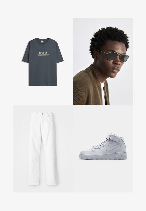 Mørkegrå bomulds T-shirt med korte ærmer, rund hals og gult tekst i en dekorativ skrifttype med et laurbærdesign.; Hvide denimbukser med lige ben-design, der har en frontknap og lynlås lukning, fem lommer og en ren, tekstureret overflade.; Højtop grå Nike Air Force 1 sneakers med læderoverdel, polstret krave og en velcro-rem. Ikonisk design med perforeret tåboks.; Soli der med en sølvfarvet metalramme, aviator-form og mørkt tonede linser. Stylet med en ribbet brun bomberjakke.