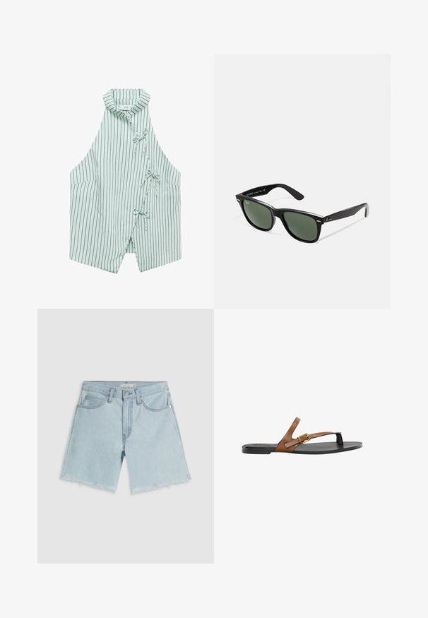 Lys grøn ærmeløs vest med marineblå lodrette striber, en mandarin krave og tre snore foran. Blødt stof med en glat tekstur.; Lyseblå denimshorts med frynset kant, fire lommer og lynlåslukning; har subtil falming og sølvfarvet hardware.; Brune læder flip-flop sandal med guld spænde detalje, flad sort sål og minimalistisk design, som har en glat tekstur.; Sorte plastiksolkaber med grønne linser, firkantede stel, sølvaccent på brynene og teksturerede templede arme. Angivet mærke på den indre arm.