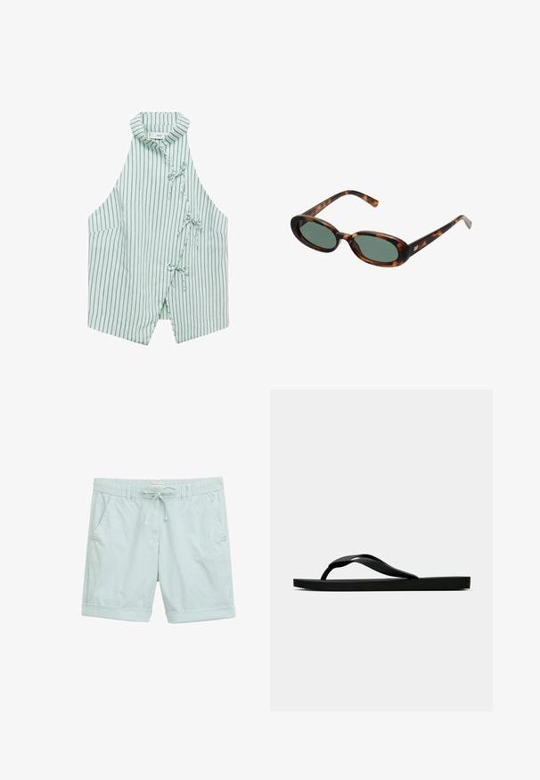 Gilet sans manches vert clair avec des rayures verticales marines, un col mandarin et trois liens à l'avant. Tissu doux avec une texture lisse.; Shorts rayés bleu clair en tissu léger, dotés d'une taille élastique avec cordon de serrage, de revers roulés et de poches latérales.; Tong sandale en caoutchouc noir avec une bride en T texturée et une semelle plate simple, montrée de côté sur un fond clair.; Lunettes de soleil en écaille de tortue avec des montures ovales et des verres verts. Elles présentent des branches fines avec un accent métallique près des charnières.; PULL&BEAR SHOPPER - Cabas - grey