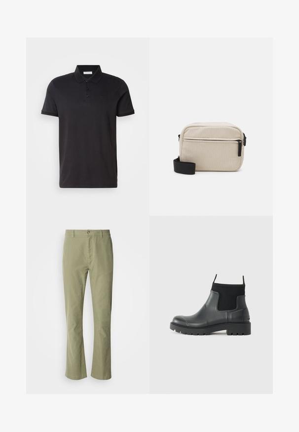 Black polo shirt made of smooth cotton fabric. Features a two-button placket, short sleeves, and a subtle logo on the chest.; Light green cotton trousers with a straight leg design, featuring a front button closure and subtle texture. No visible patterns or accents.; Black ankle boots made of rubber with a matte finish, featuring a sleek design, elastic panels, and a chunky sole for traction.; Cream-colored corduroy crossbody bag with a black zipper, removable strap, and textured pattern. Features one main compartment and front pocket.