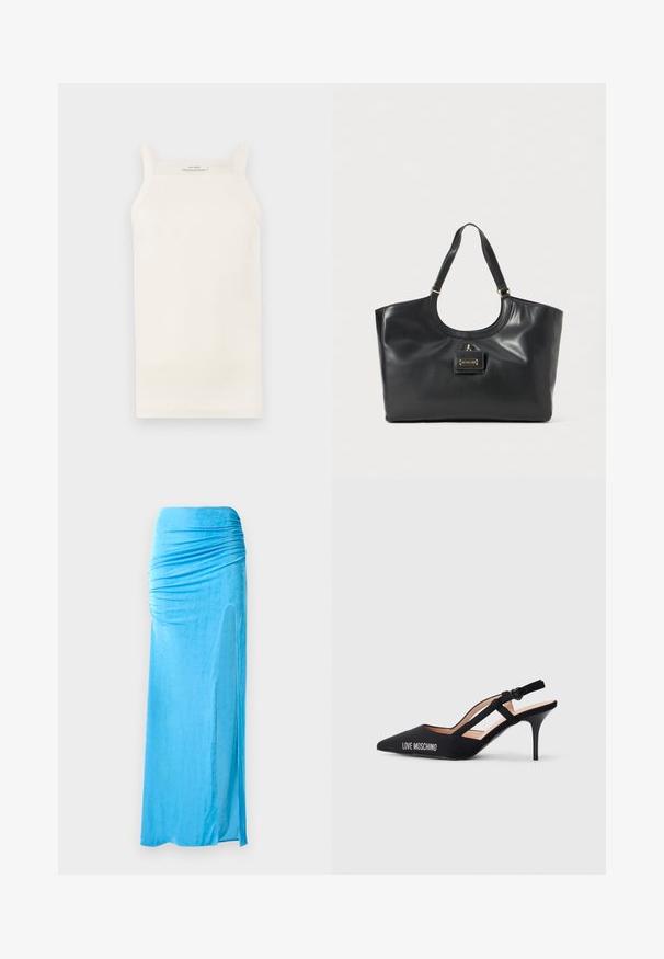 Κρέμ ribbed tank top με λεπτές τιράντες, εφαρμοστό σχέδιο και ευθεία κόψη. Η ετικέτα γράφει "IVY OAK." Το υλικό φαίνεται μαλακό και ελαστικό.; Μπλε βελούδινη maxi φούστα με συγκεντρωμένη λεπτομέρεια στη μέση, διαθέτει πλαϊνή σχισμή και απαλό υφή για μια ροή σιλουέτας.; Μαύρο πέδιλο με ψηλό τακούνι και μυτερή μύτη, με σχέδιο λουριού και λογότυπο "LOVE MOSCHINO" στο πλάι. Λείος υφή.; Μαύρη δερμάτινη τσάντα tote με γυαλιστερή φινίρισμα, καμπύλη κορυφή, δύο ιμάντες ώμου και χρυσό φινίρισμα αξεσουάρ μπροστά.