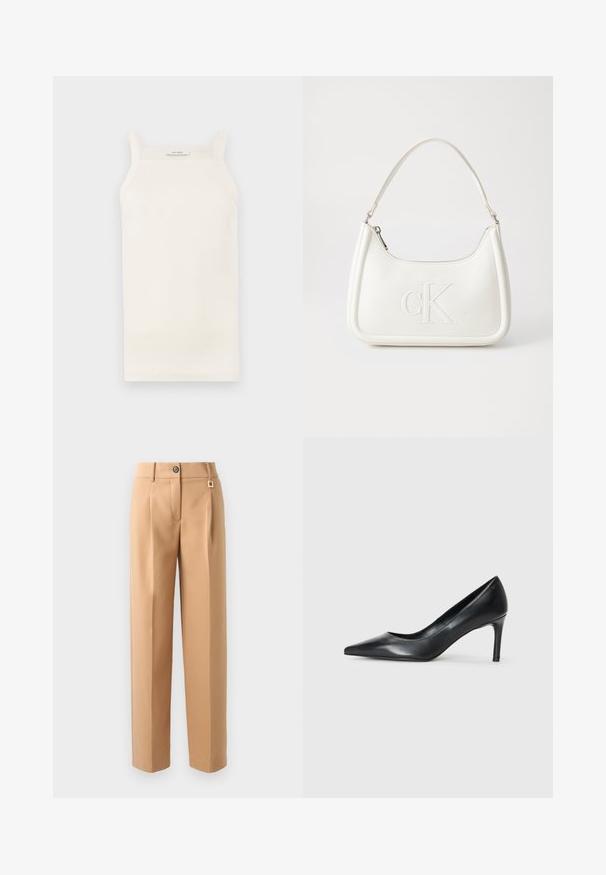 Kreemjas soonik, millel on õhukesed rihmad, keha lähedane lõige ja sirge ääre. Sildi peal on tekst "IVY OAK." Materjal näib olevat pehme ja veniv.; Bežid püksid, millel on kohandatud lõige, nuppude sulgemine, voldid ja peen kuldne aksent vöökoha piirkonnas. Sile tekstuur, sirge jala disain.; Must särava, terava nosaga mustad nahk kingad kitsaste kontsadega, sile tekstuur ja nähtavate dekoratsioonideta. Puhtad jooned ja minimalistlik esteetika.; Valge nahast käekott, millel on kumer kuju, esiküljel on reljeefne "CK" logo ja üks õlavarre rihm. Ülemine tõmblukkuu.