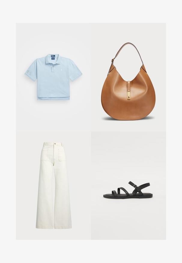 Heledad sinine polo-särk, mis on valmistatud puuvillast. Omab kraed, kahe nupuga kinnitust ja väikest logo rinnal. Lühikesed varrukad, millest ühel on plaastrit.; Laiad teksad heledast denimist. Kõrge vöökoht, nööbivöö, kaks esikotitäit ja kontrastsed õmblused.; Mustad nahast sandaalid kolme laia rihmaga jala kohal ja reguleeritava pahkluu rihmaga. Lame tald minimaalsete kummist mustritega. Lihtne disain.; Kohvane nahast käekott, millel on kaarjas kuju ja lai õlavööt. Koti keskosas on kuldne metallne detail ning pind on sile.