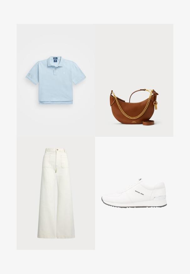 Svetlo modrá poloshrta vyrobená z bavlny. Má golier, zapínanie na dva gombíky a malé logo na hrudi. Krátke rukávy, pričom na jednom je nášivka.; Džínsy s širšími nohavicami v off-white denim. Vysoký pás s gombíkovým zapínaním, dve predné vrecká a kontrastné švy.; Biele kožené tenisky s hladkým povrchom, sivou gumovou podrážkou, siedmimi očkami a strieborným akcentom na päte. Logo zobrazené na boku.; Hnedá kožená kabelka s zakriveným dizajnom, zlatým reťazovým popruhom, vnútornou kapsou a odnímateľným ramenným popruhom. Obsahuje kontrastné švy.