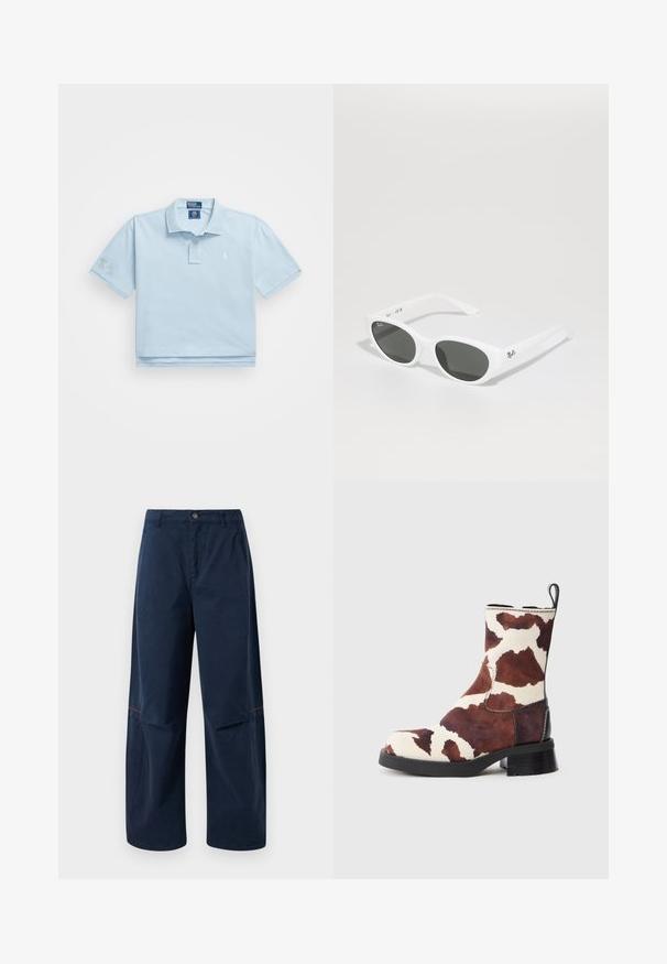 Svetlo modrá poloshrta vyrobená z bavlny. Má golier, zapínanie na dva gombíky a malé logo na hrudi. Krátke rukávy, pričom na jednom je nášivka.; Námornícke modré nohavice s širokými nohavicami, predným tlačidlom, pútkami na opasok, bočnými vreckami a jemným červeným prešívaním nad kolenami.; Polobotky po lýtko s hnedobielym vzorom z kravskej kože, čiernym masívnym podpätkom a pútkom na jednoduchom svetlosivom pozadí.; Biele slnečné okuliare so zaoblenými rámami a tmavými sklami. Majú hladký plastový povrch a malé logo na nožičke.