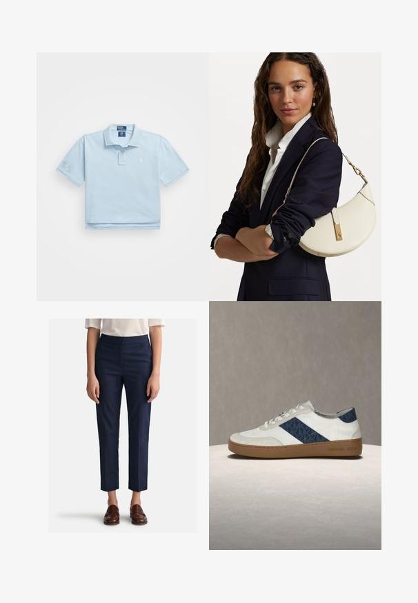 Light blue polo shirt made from cotton. Features a collar, two-button placket, and small logo on chest. Short sleeves with a patch on one.; Navy trousers with a straight cut, made of smooth fabric, featuring a flat front and side pockets. Paired with brown loafers.; Michael Kors sneaker, white and navy leather with suede accents, flat brown rubber sole, featuring logo pattern on side and lace-up design.; White leather handbag with a curved shape, gold hardware, and a textured finish, worn over a dark blazer and white shirt.