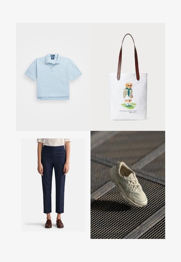 Light blue polo shirt made from cotton. Features a collar, two-button placket, and small logo on chest. Short sleeves with a patch on one.; Navy trousers with a straight cut, made of smooth fabric, featuring a flat front and side pockets. Paired with brown loafers.; Beige sneaker with textured fabric, contrasting smooth accents, rounded sole, and laces, suspended above a gridded surface.; Canvas tote bag featuring a cartoon bear in a green scarf and blazer, with brown leather shoulder straps. White background, printed design.