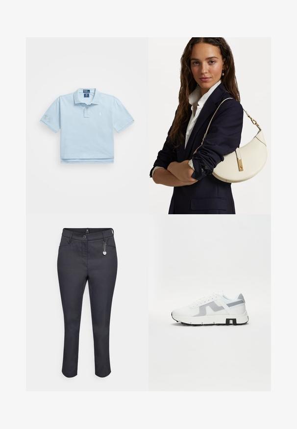 Světle modrá polo košile vyrobená z bavlny. Má límec, dvouknoflíkovou légu a malou nášivku na hrudi. Krátké rukávy, přičemž na jednom je nášivka.; Tmavě modré kalhoty s úzkým střihem, opatřené zapínáním na knoflík, bočními kapsami a dekoračním přívěskem připevněným na poutku opasku.; Bílé sportovní tenisky se šedými akcenty, texturovaným svrškem, silnou podrážkou a kontrastním černým detailem na patě. Systém šněrování s síťovinovými panely.; Bílá kožená kabelka zakřiveného tvaru, se zlatými doplňky a texturovaným povrchem, nošená přes tmavý blazer a bílou košili.