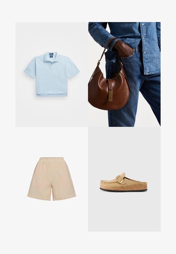 Heledad sinine polo-särk, mis on valmistatud puuvillast. Omab kraed, kahe nupuga kinnitust ja väikest logo rinnal. Lühikesed varrukad, millest ühel on plaastrit.; Moves PYNNA - Lühikesed püksid - tangerine; Beezid klotsid laia rihmaga ja kuldse pannalaga, valmistatud pehmest materjalist, millel on korkkeskmine iluu ja reljeefne must kummist välistald.; Pruun nahast hobo kott ümmarguse kujuga, millel on kuldne metallist detail ja kontrastne õmblus. Koos teksapitsi ja teksastega.