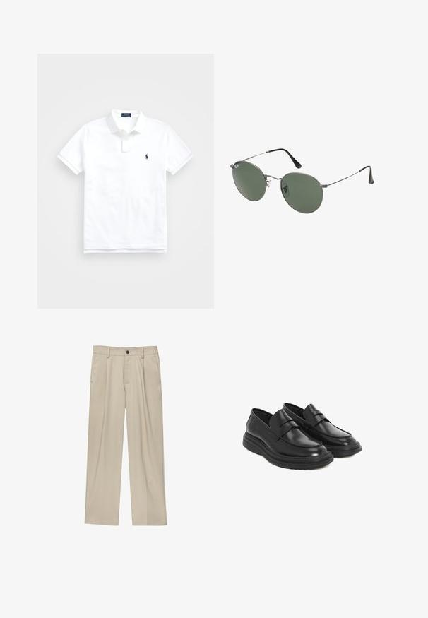 Fehér polo póló, amely pamutból készült, klasszikus gallérral, rövid ujjakkal és egy kis sötétkék logóval a bal mellen. Két gombos gombolás.; Beige egyenes szárú nadrág, egy fekete gombbal, övhurkokkal és oldalzsebekkel. Sima szövettextúra és minimális design.; Fekete bőr loaferek lekerekített orral, varrott részletezéssel és platform gumitalppal. Dekoratív pánt található a vamp részen.; Fémkeretes napszemüveg ovális zöld lencsékkel. Vékony ezüst színű fémkeret és fekete fülrész. Minimalista dizájn, látható logók nélkül.