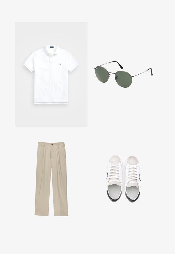 Polo shirt blanc en coton, avec un col classique, des manches courtes et un petit logo marine sur la poitrine gauche. Patte de boutonnage à deux boutons.; Pantalon beige à coupe droite, doté d'un seul bouton noir, de passants de ceinture et de poches latérales. Texture de tissu lisse et design minimaliste.; Baskets blanches avec des accents en daim et un détail noir au talon. Dotées de lacets et d'une pointe arrondie. Matériau lisse avec une marque en relief à l'intérieur.; Lunettes de soleil en métal avec des verres ovales verts. Monture en métal argenté mince et embouts d'oreille noirs. Design minimaliste, sans logos visibles.