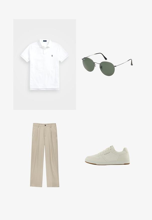 Biała koszulka polo wykonana z bawełny, z klasycznym kołnierzykiem, krótkimi rękawami i małym granatowym logo na lewej piersi. Zapięcie na dwa guziki.; Beżowe spodnie o prostym kroju, z pojedynczym czarnym guzikiem, szlufkami na pasek oraz bocznymi kieszeniami. Gładka faktura materiału i minimalistyczny design.; Białe trampki z gładką syntetyczną cholewką, zaokrąglonym noskiem i sznurowanym zapięciem. Posiada perforacje zapewniające wentylację oraz gumową podeszwę.; Okulary przeciwsłoneczne z metalową ramą i owalnymi zielonymi soczewkami. Cienka srebrna metalowa rama i czarne końcówki zauszników. Minimalistyczny design, bez widocznych logo.