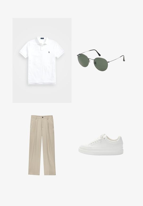 Weißes Polohemd aus Baumwolle, mit klassischem Kragen, kurzen Ärmeln und einem kleinen dunkelblauen Logo auf der linken Brust. Zweiknopf-Leiste.; Beige Hosen mit geradem Schnitt, ausgestattet mit einem einzelnen schwarzen Knopf, Gürtelschlaufen und Seitentaschen. Glatte Stofftextur und minimalistisches Design.; Weiße Leder-Sneaker mit glatter Textur, abgerundetem Zeh, verstärkten Seiten und Plateausohle. Verfügt über flache Schnürsenkel und minimalistische Nähte.; Metallgestellte Sonnenbrille mit ovalen grünen Gläsern. Dünner silberner Metallrahmen und schwarze Ohrstücke. Minimalistisches Design, keine sichtbaren Logos.