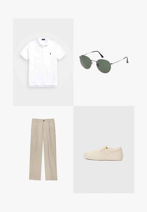 Witte polo shirt van katoen, met een klassieke kraag, korte mouwen en een klein marineblauw logo op de linkerbovenkant. Placket met twee knopen.; Beige broek met een rechte snit, voorzien van een enkele zwarte knoop, riemlussen en zijzakken. Glad stoffen textuur en een minimalistisch ontwerp.; Beige instap schoenen van canvas met een rubberen zool. Voorzien van elastische zijaccenten en een gladde textuur. Eenvoudig, afgerond ontwerp.; Metalen zonnebril met ovale groene lenzen. Dunne zilveren metalen rand en zwarte oorstoppers. Minimalistisch ontwerp, zonder zichtbare logo's.