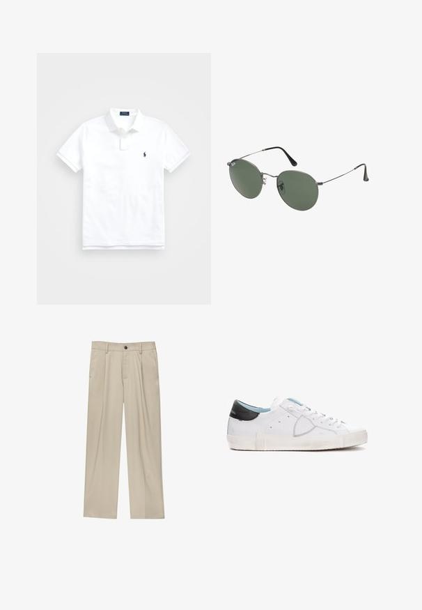 Polo bianco in cotone, con colletto classico, maniche corte e un piccolo logo navy sul lato sinistro del petto. Placca con due bottoni.; Pantaloni beige a taglio dritto, con un solo bottone nero, passanti per la cintura e tasche laterali. Tessuto dalla texture liscia e design minimale.; Philippe Model Sneakers basse - bianco; Occhiali da sole con montatura in metallo e lenti verdi ovali. Montatura sottile in metallo argento e terminali neri. Design minimalista, senza loghi visibili.