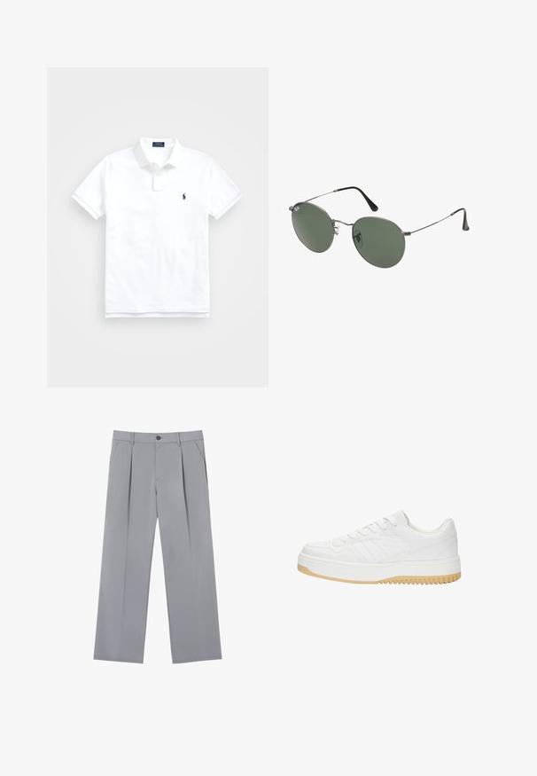 Witte polo shirt van katoen, met een klassieke kraag, korte mouwen en een klein marineblauw logo op de linkerbovenkant. Placket met twee knopen.; Grijze geplooide broeken met een ontspannen pasvorm, gemaakt van een lichte stof. Voorzien van voorzakken en een knoopsluiting in de taille.; Witte leren sneaker met een gematteerde afwerking, met een rubberen zool, vetersluiting en subtiele streepaccenten aan de zijkanten.; Metalen zonnebril met ovale groene lenzen. Dunne zilveren metalen rand en zwarte oorstoppers. Minimalistisch ontwerp, zonder zichtbare logo's.