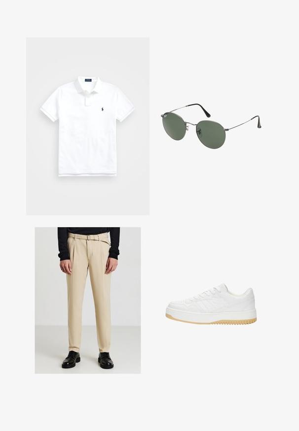 Weißes Polohemd aus Baumwolle, mit klassischem Kragen, kurzen Ärmeln und einem kleinen dunkelblauen Logo auf der linken Brust. Zweiknopf-Leiste.; Beige maßgeschneiderte Hose mit glatter Textur, mit vorderen Falten und einem Gürtel. Kombiniert mit schwarzen Schuhen und einem dunklen Langarmoberteil.; Weiße Ledersneaker mit strukturiertem Finish, ausgestattet mit Gummisohle, Schnürdesign und dezenten Streifenakzenten an den Seiten.; Metallgestellte Sonnenbrille mit ovalen grünen Gläsern. Dünner silberner Metallrahmen und schwarze Ohrstücke. Minimalistisches Design, keine sichtbaren Logos.