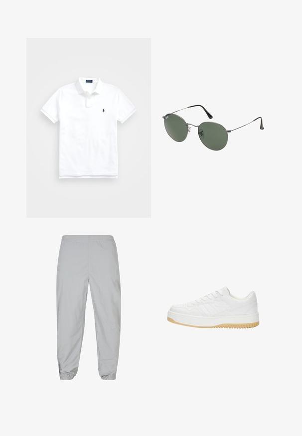 Witte polo shirt van katoen, met een klassieke kraag, korte mouwen en een klein marineblauw logo op de linkerbovenkant. Placket met twee knopen.; Lichtgrijze joggerbroek van lichtgewicht stof. Elastische tailleband en cuffed hem met ritsaccenten bij de enkels. Gladde textuur.; Witte leren sneaker met een gematteerde afwerking, met een rubberen zool, vetersluiting en subtiele streepaccenten aan de zijkanten.; Metalen zonnebril met ovale groene lenzen. Dunne zilveren metalen rand en zwarte oorstoppers. Minimalistisch ontwerp, zonder zichtbare logo's.