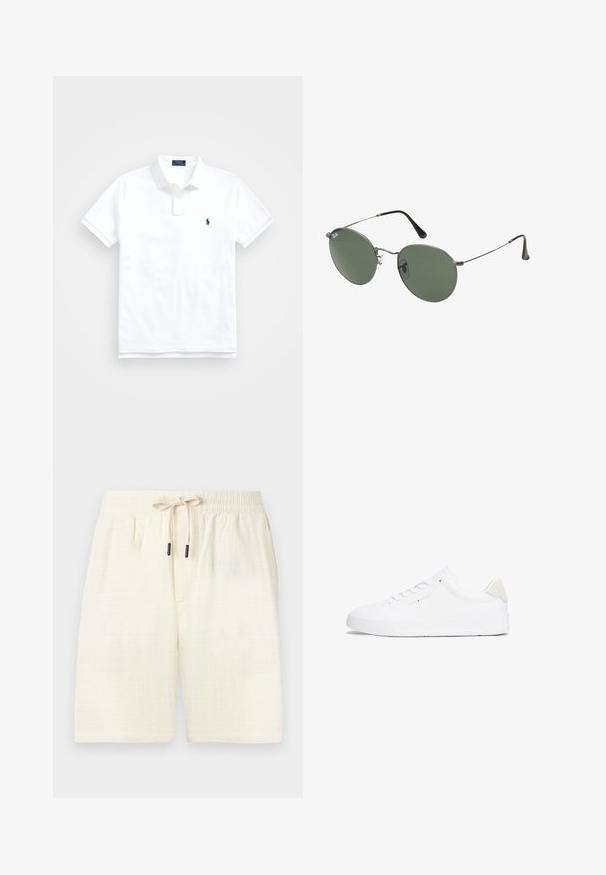 Weißes Polohemd aus Baumwolle, mit klassischem Kragen, kurzen Ärmeln und einem kleinen dunkelblauen Logo auf der linken Brust. Zweiknopf-Leiste.; Cremfarbene Shorts aus strukturiertem Stoff mit Karomuster. Mit elastischem Bund und Kordelzug sowie zwei seitlichen Taschen.; Weiße Sneaker mit einem Obermaterial aus glattem Leder, runder Zehenpartie, flacher Sohle und minimalistischem Design. Verfügt über dezentes Branding und einen beigen Akzent an der Ferse.; Metallgestellte Sonnenbrille mit ovalen grünen Gläsern. Dünner silberner Metallrahmen und schwarze Ohrstücke. Minimalistisches Design, keine sichtbaren Logos.